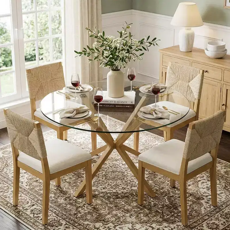 Modern Round Glass Dining Table Set for 4, Kitchen Dining Set with Upholstered Woven Back Chairs, Kitchen & Dining Room Furniture-Panipeachy