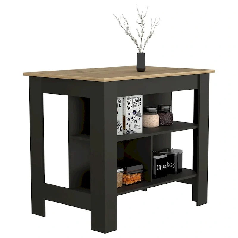 Kitchen Island , Three Shelves, Black Wengue / Light Oak Finish