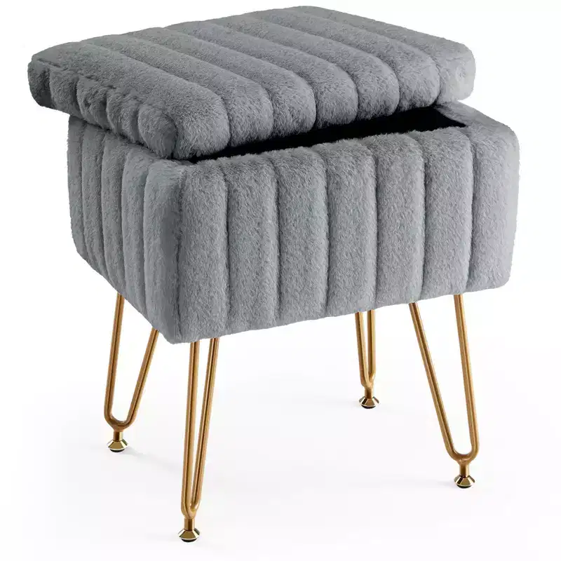 Faux Fur Rectangular Accent Small Ottoman with Storage