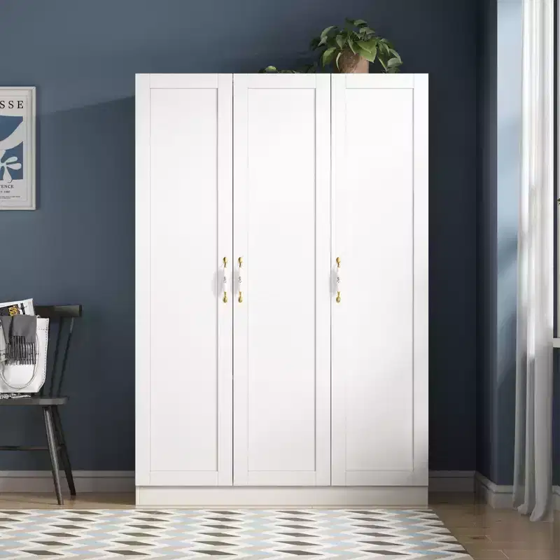 White 3-Door Wardrobe with Floral Ceramic Handles – Hanging & Storage Zones