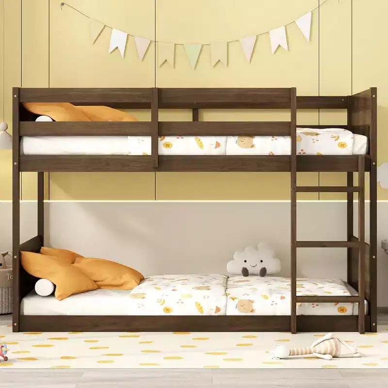 Twin over Twin Floor Bunk Bed with Rubber Wood Frame, Panelled Headboard and Footboard