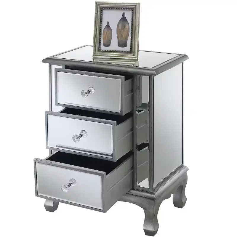 24.75 in.H Silver Rectangle Mirrored Glass End Table with 3 Drawers