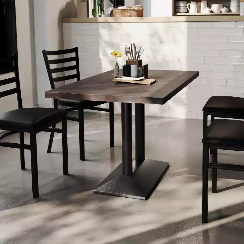 Rectangular Solid Wood Tabletop with Dual Column Dining Height Table Base