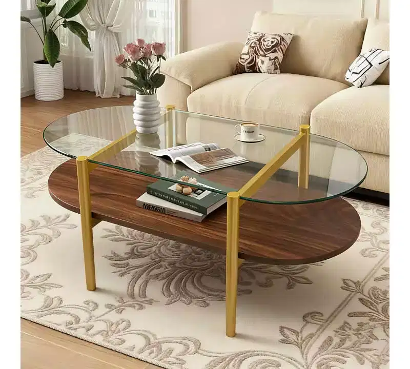 Oval Shaped Glass Coffee Table with Double Layer Transparent Glass, Brown MDF for Living Room