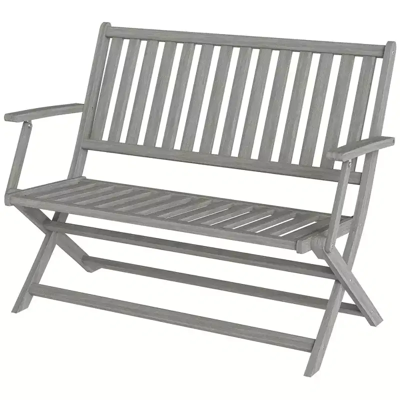 2-Person Foldable Wood Outdoor Bench with Backrest and Armrests for Garden, Porch, Park, Balcony