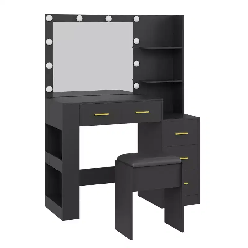 41 Vanity Desk with 10-Bulb Mirror, Built-in Outlets, 3 Lighting Modes, 5 Drawers & Cushioned Stool, Makeup Dressing Table for Bedroom