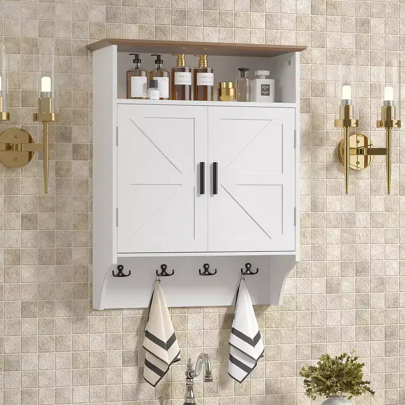 Wall-Mounted Bathroom Cabinet with Adjustable Shelves & Hooks, Space-Saving Storage, White