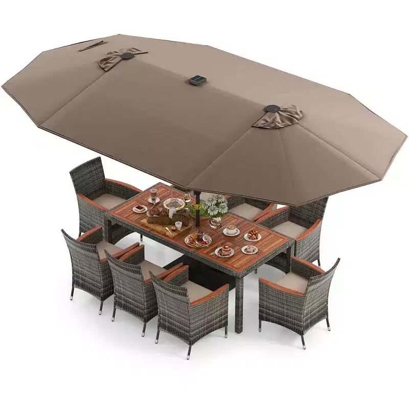 Costway 11 PCS Patio Dining Set with 15 ft Double-Sided Patio Umbrella 8 Armchairs Blue/Beige/Orange/Wine