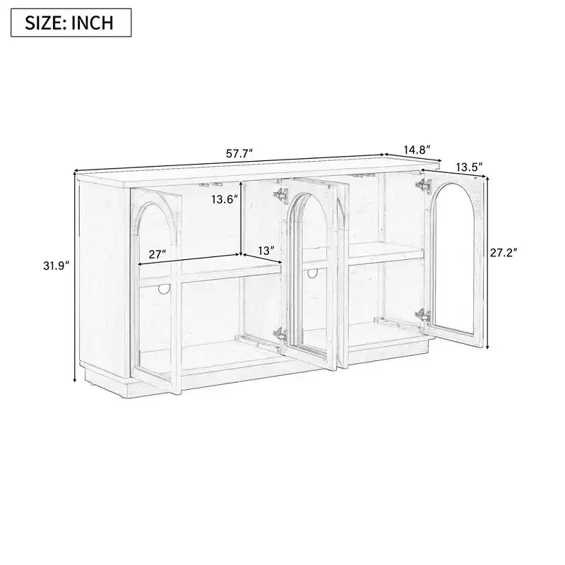 Hostack 4-Door Sideboard Cabinet with Glass Doors, Large Storage and Adjustable Shelves for Kitchen and Dining Room, Black