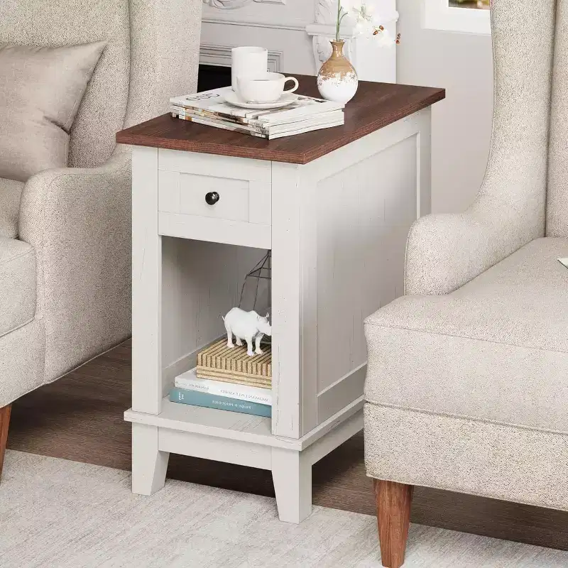 Acekool Farmhouse End Table with Charging Station and Storage Drawer, White and Brown Accent Table for Living Room and Bedroom