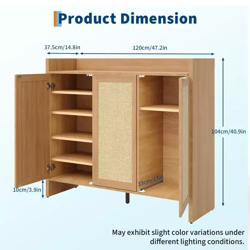 Rattan Shoe Storage Cabinet, Wooden Shoe Rack Organizer Cabinet with 3 Doors and Adjustable Shelves for Entryway Living Room Hallway