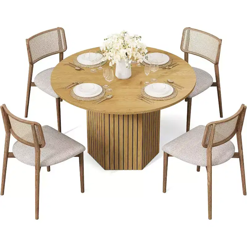 Round Wood Dining Table, 47-Inch Small Dining Table for 4, Modern Circle Kitchen Table with Wood Strip Base for Kitchen Living Room, Walnut