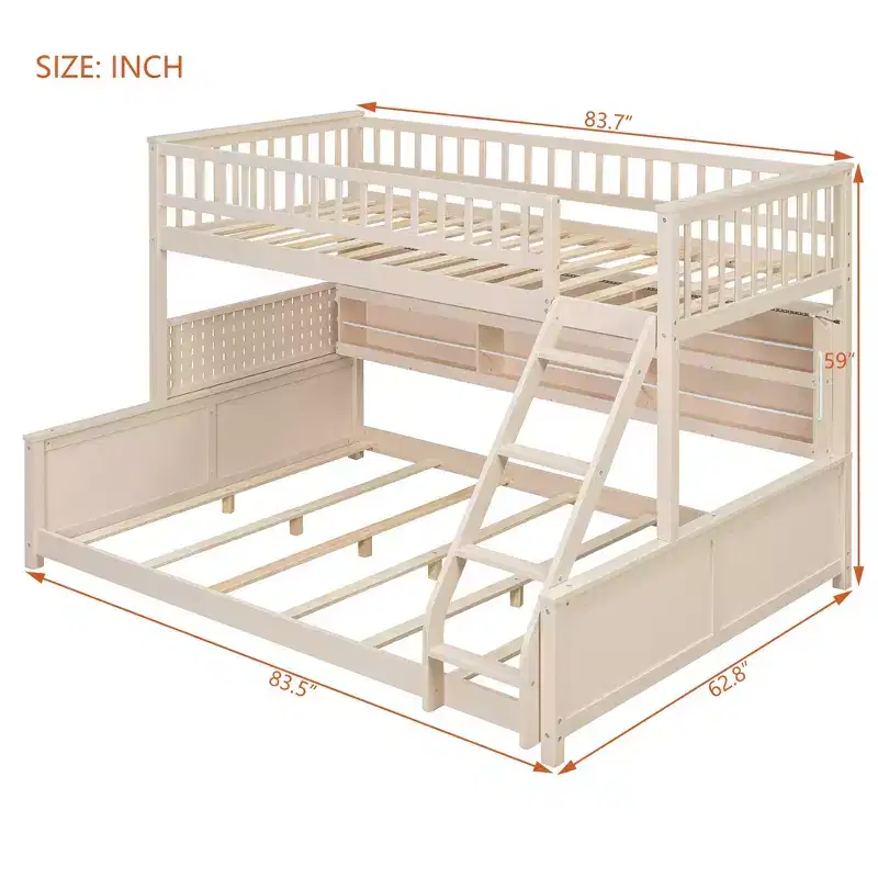 Luxystar Twin XL Over Queen Low Bunk Bed With Built In Lighted Shelves and Pegboard