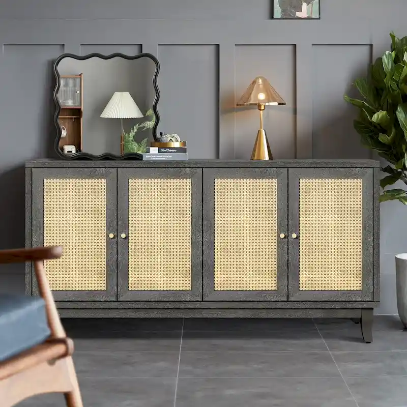 Rattan Sideboard Buffet Cabinet with 4 Doors