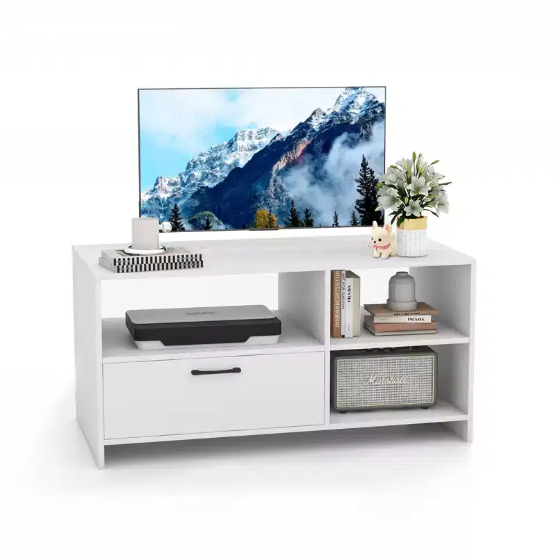 Modern TV Stand | 3 Open Compartments & 1 Drawer | For TVs up to 55