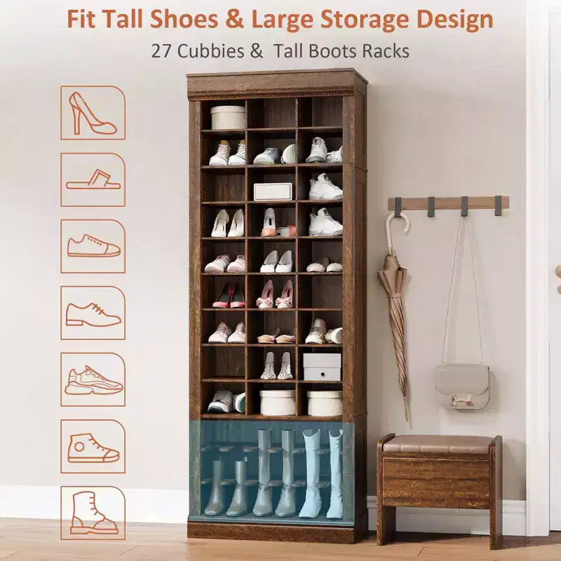 10-Tier Shoe Storage Cabinet with 27 Cubbies & Tall Boots Racks, 73.35 Tall Freestanding Shoe Organizer for Entryway, Closet, Living Room