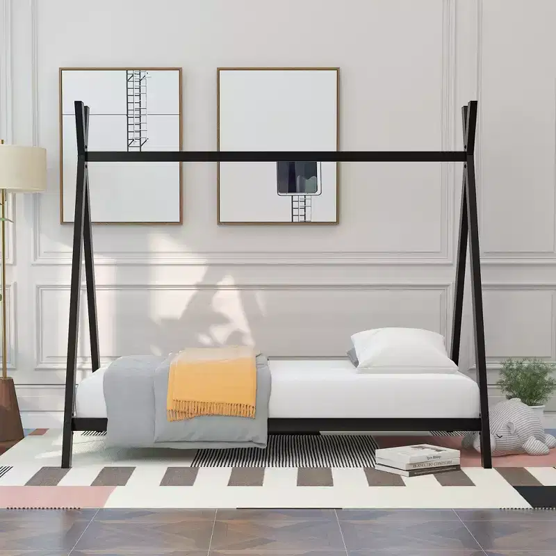 Twin Size House Bed, Tent Metal Bed Frame, Floor Play House Bed with Slat for Kids, Girls, Boys, No Box Spring Needed