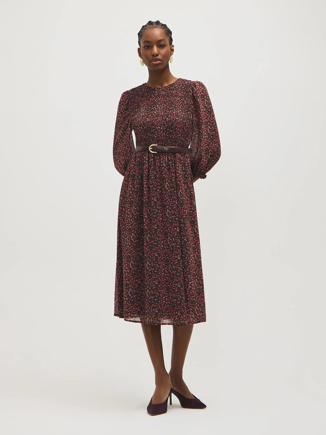 Smocked Floral Chiffon Midi Dress