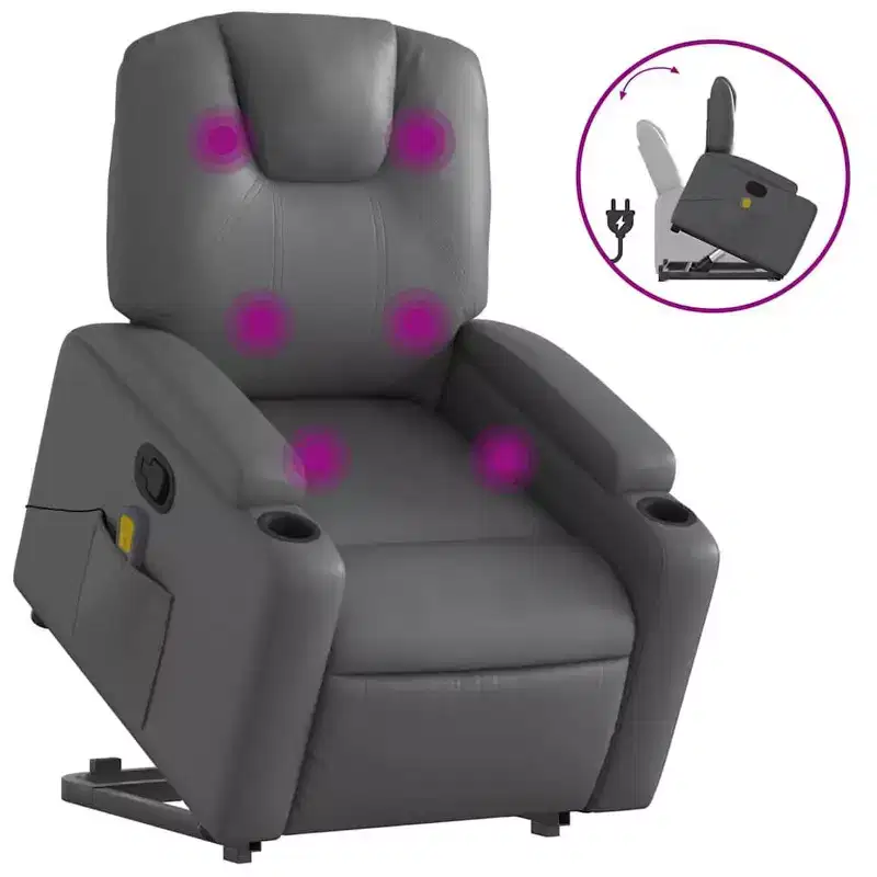 vidaXL Power Lift Massage Recliner Chair - Manual Reclining, Vibrating Massage, Cup Holders, Faux Leather, Electric Stand-Up Aid, Gray