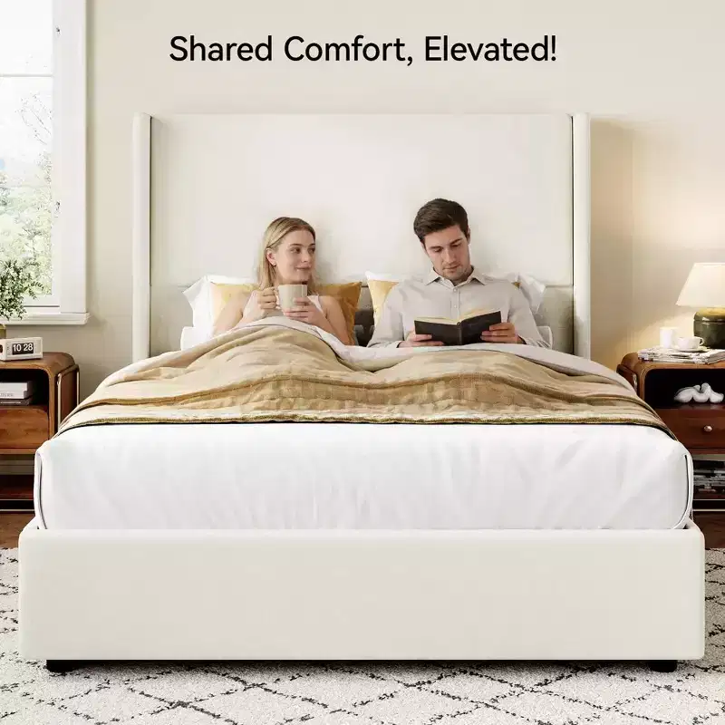 Queen Upholstered Platform Bed with 55.5 Wingback Headboard, Quiet Wooden Slat Support, No Box Spring Required