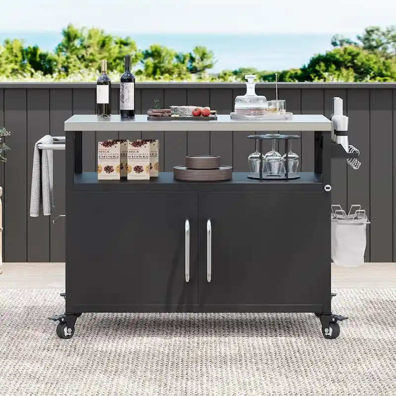 Outdoor Kitchen Island with Stainless Steel Tabletop and Storage Cabinet