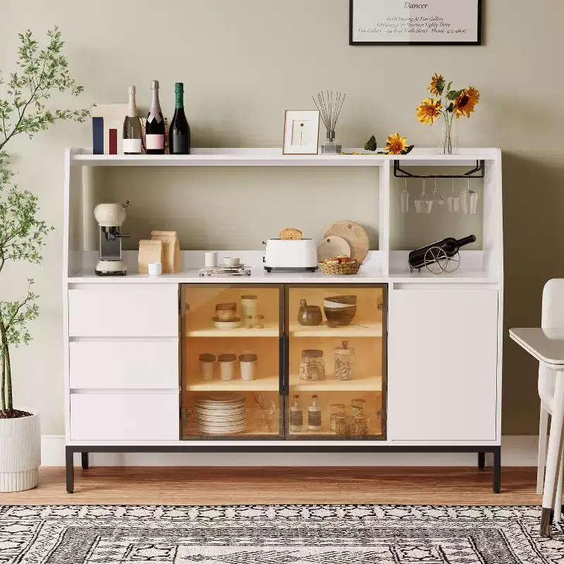 Modern Style Sideboard, Decorative Storage Cabinet with 3 Drawers and Glass Doors; the Sideboard Can Store Wine Glasses