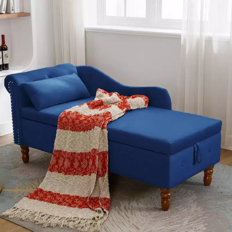 Zeus & Ruta Modern Upholstered Rolled Arm Chaise Lounge, Indoor Sofa, Velvet Lounge Chair with Storage & Pillow