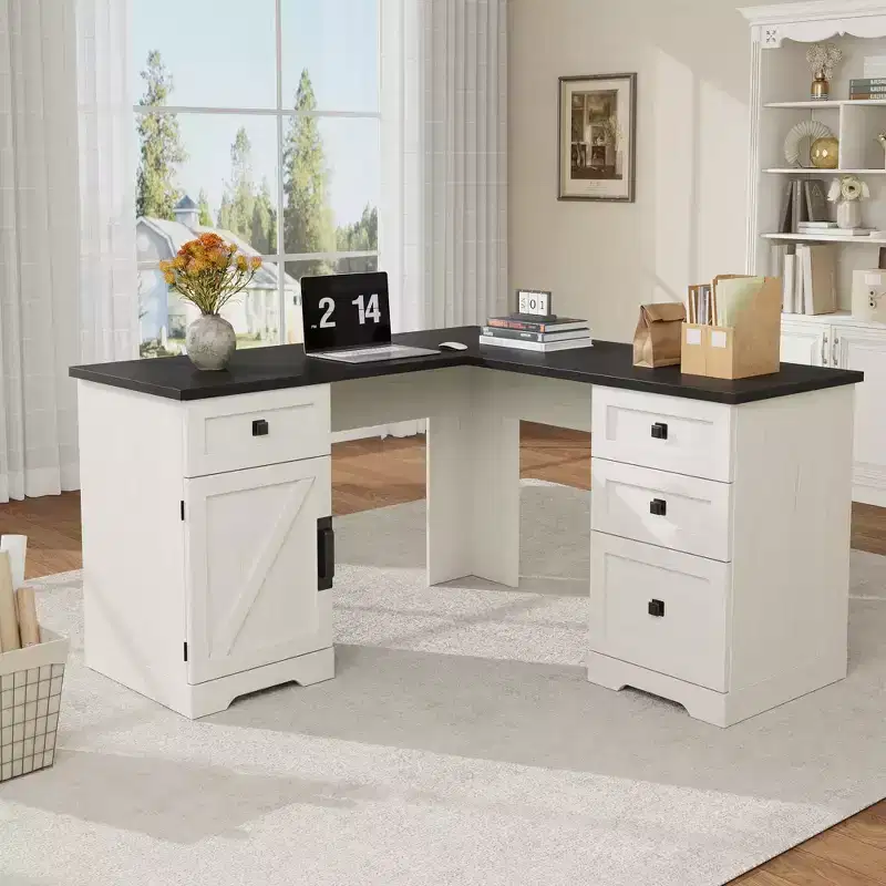 60 Farmhouse L-Shaped Executive Desk  Corner Home Office Desk with File Drawer, Storage Cabinet & Adjustable Shelf