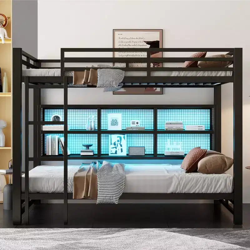 Whisen Metal Queen over Queen Bunk Bed with Ample Storage Cabinets, LED Lighting and Guard Rails - Black