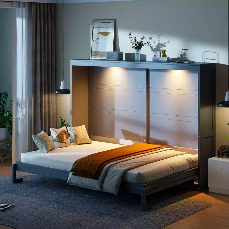 Queen Size Murphy Wall Bed with LED Lights - White/Gray, 600 lb Capacity, Space-Saving