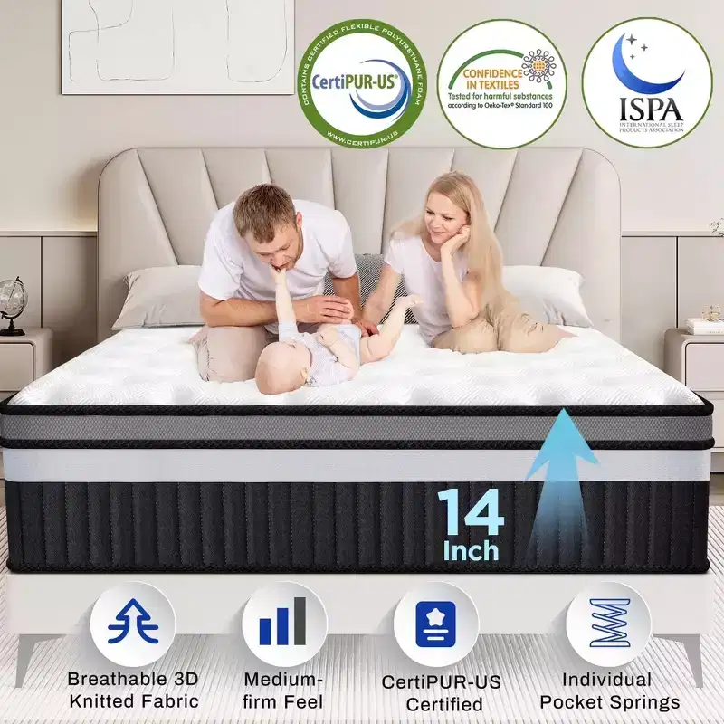 14 Queen Hybrid Mattress with Gel Memory Foam, Cooling Sleep, Pressure Relief, Motion Isolation, Medium Feel, Breathable Cover, CertiPUR-US