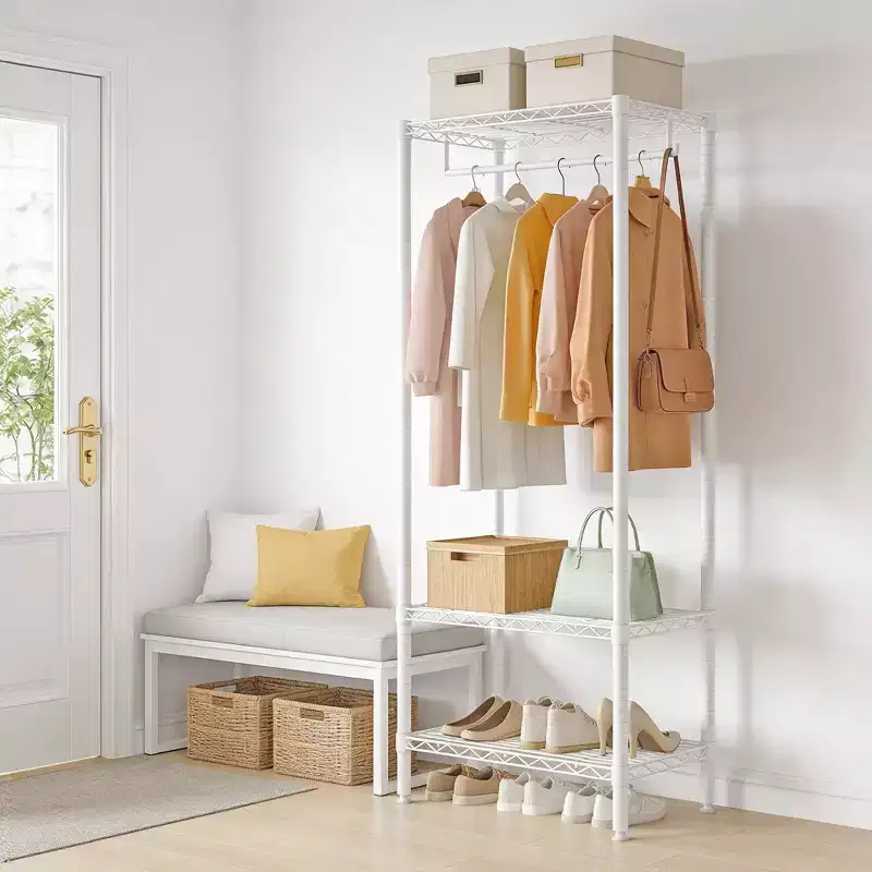 Metal Clothes Rack with Adjustable Shelves, Heavy-Duty 660LB Clothing Organizer for Bedroom, Laundry & Living Room, White