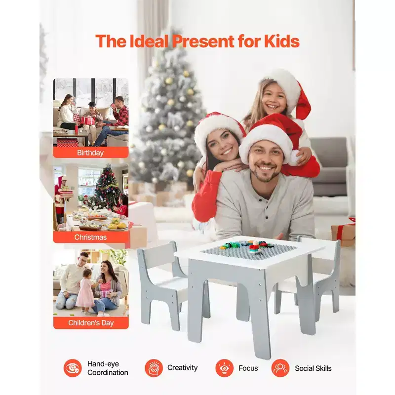 JVNOXK 4-in-1 Kids Activity Table and Chair Set Double-sided tabletop: one side for drawing, one side for building blocks Includes storage space White