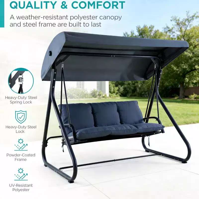 3-Seat Outdoor Convertible Swing Glider, Adjustable Canopy, Heavy-Duty Metal Frame, 750 LBS Weight Capacity, Removable Cushions, for Patio, Backyard