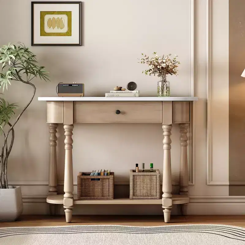 Retro Corner-Curved Console Table with Top Drawer and Open Shelf for Living Room and Entryway