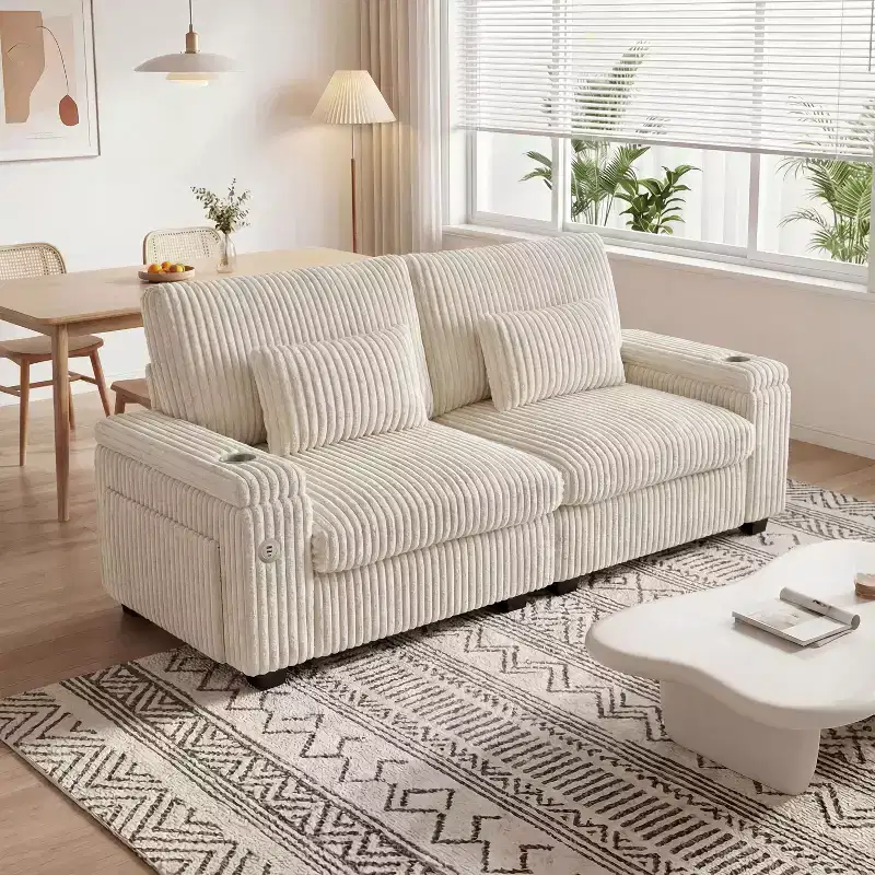 91-Inch Storage Sofa for Two – Plush Corduroy with USB Charging & Cup Holders