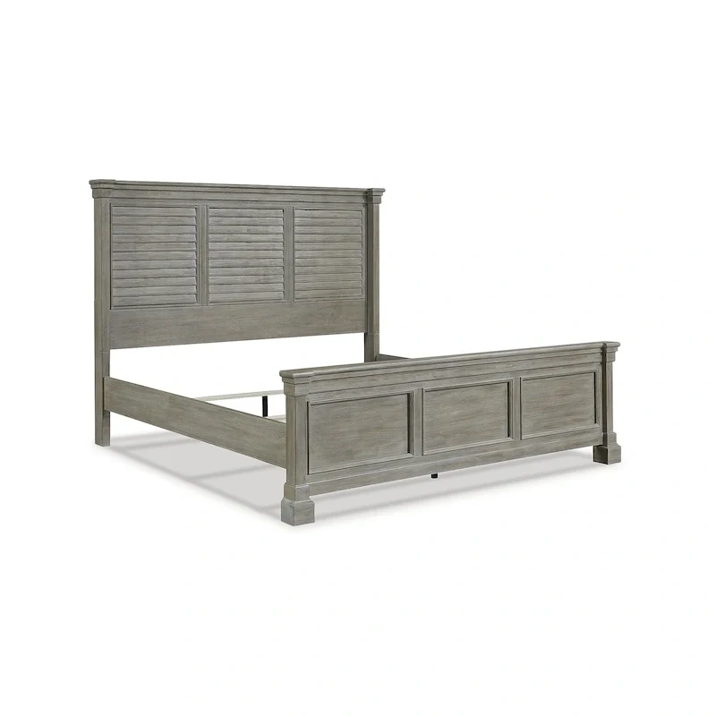 Queen Panel Bed, Glazed Bisque Wire-Brushed Finish, Louvered Headboard, Wood & Veneer, Traditional Style