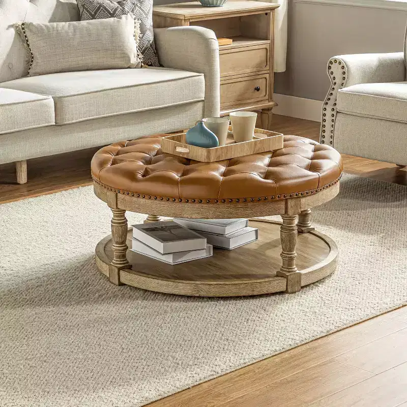 Round Vegan Leather Cocktail Ottoman with Storage and Nailhead Trim