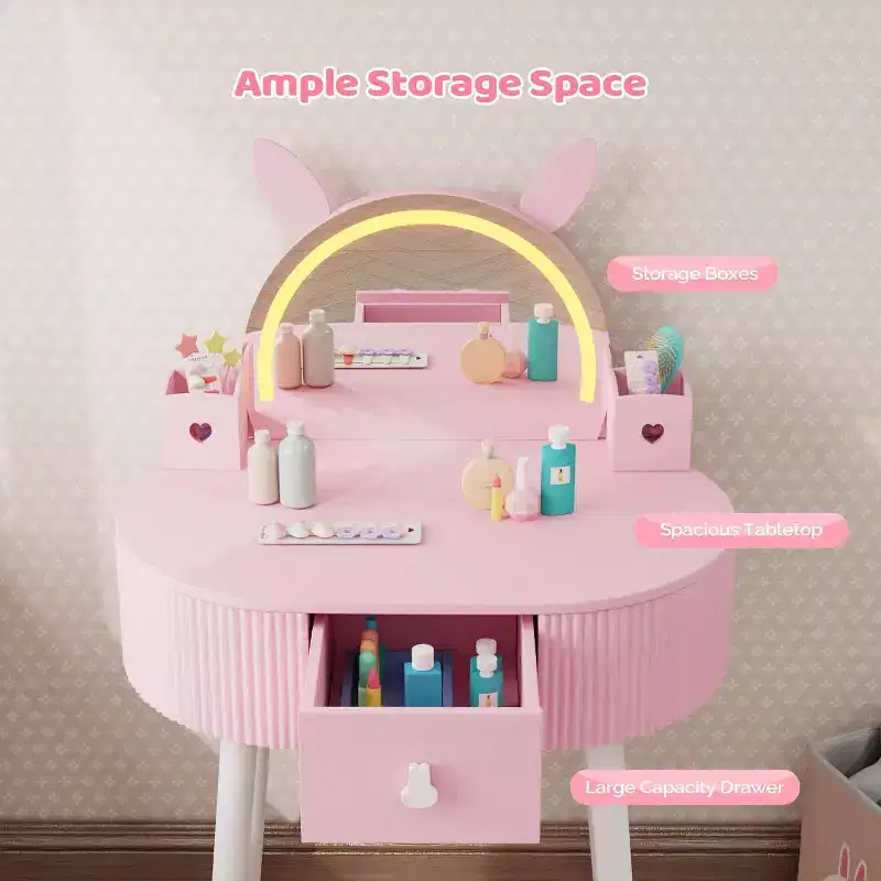 JOYMOR Kids Vanity with Touch Screen & Lights, 3-Color Adjustable Mirror, Vanity Set with Table & Chair, Drawer (Pink)