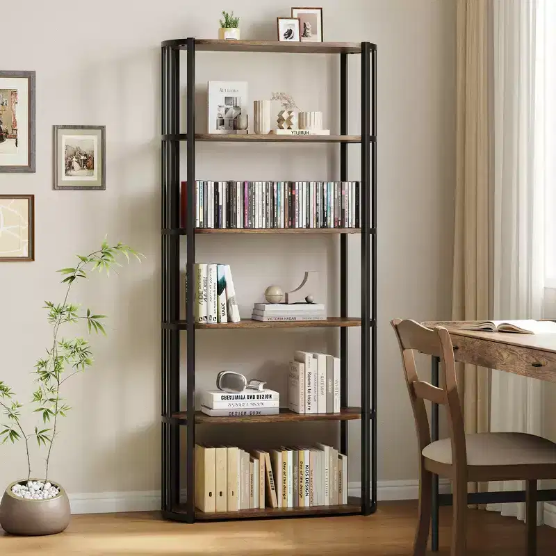 6 Tier Industrial Tall,Metal Frame Large Open Bookcase,Freestanding Wooden Bookshelf Storage Rack for Bedroom,Living Room,Home Office Brown and Black