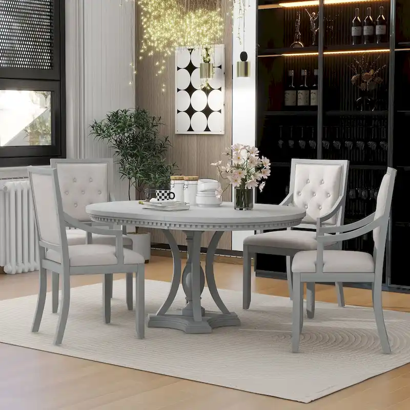 Antique Gray Retro 5-Piece Wooden Dining Table Set with Extendable Round Table & 4 Chairs