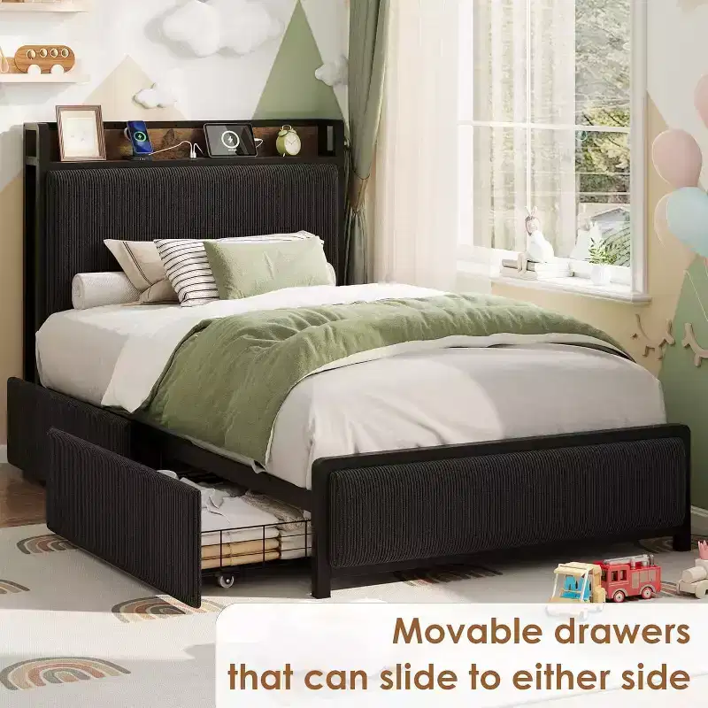 Twin XL Size Bed Frame with Storage Headboard, Corduroy Upholstered, 2 Storage Drawers & Charging Station, No Box Spring Needed, Noise-Free
