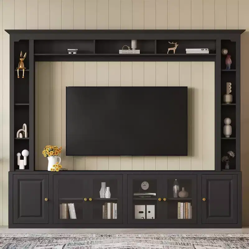Modern Wall Unit Entertainment Center 4-Piece, Media Console with Bookshelves and Shelves, Large TV Stand with Tempered Glass Door for 80 TV