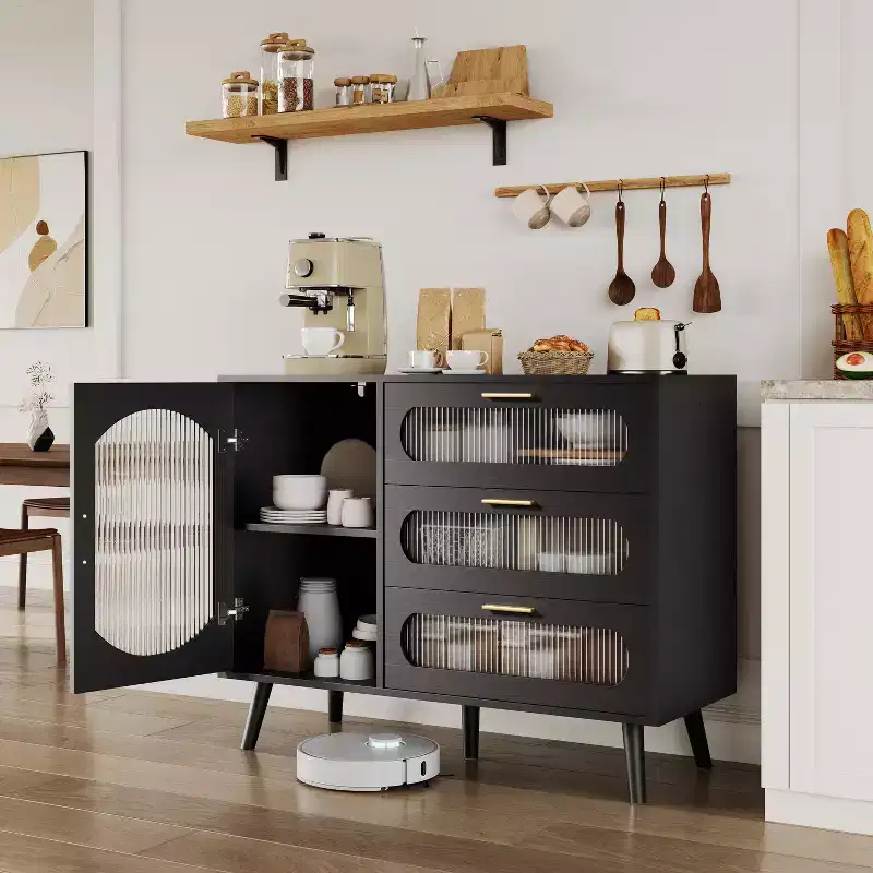 Black Sideboard Buffet Cabinet with Fluted Glass Door & Drawers for Kitchen