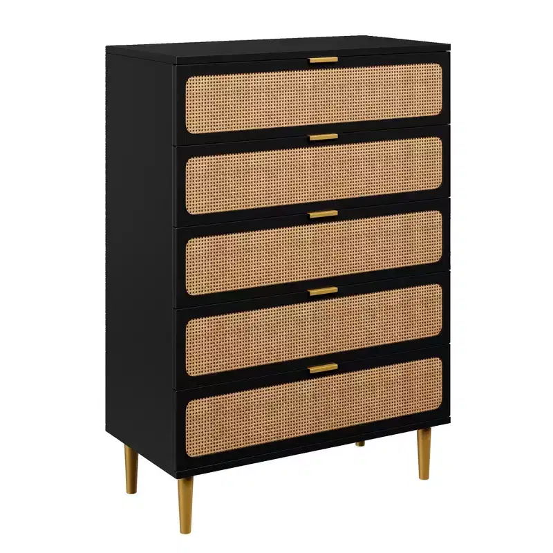 5-Drawer Rattan Dresser, Black / Natural / White, Single