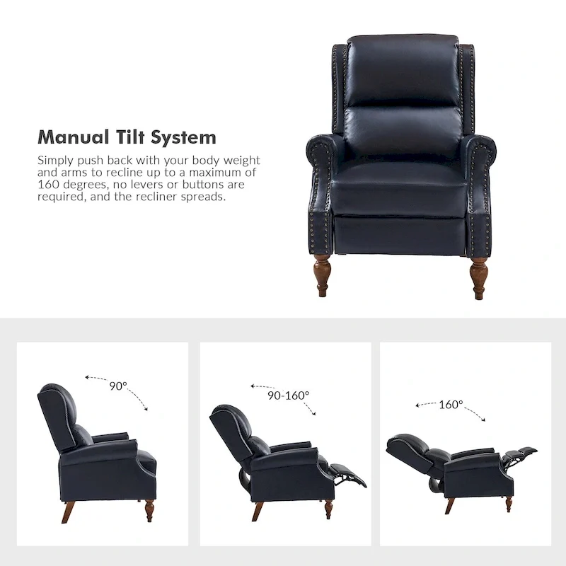 Traditional Vegan Leather Manual Push-Back Recliner, Padded Armrests, Solid Wood Legs, Living Room