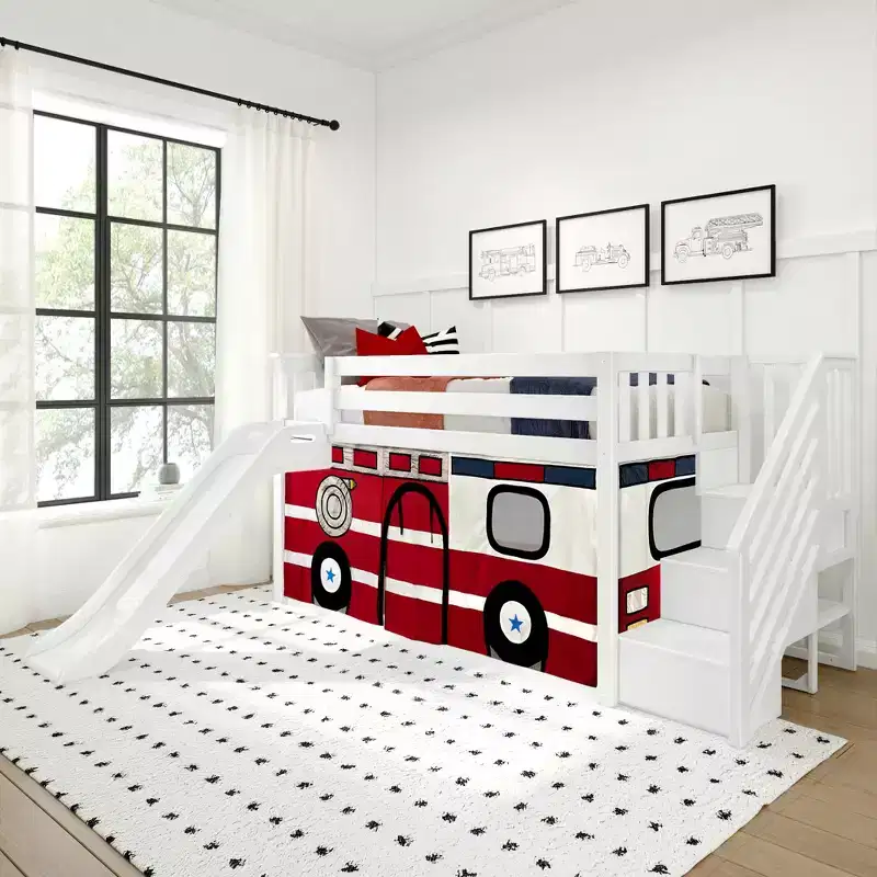 Low Twin over Twin Bunk Bed with Stairs, Easy Slide & Firetruck Curtain, Solid Wood, White