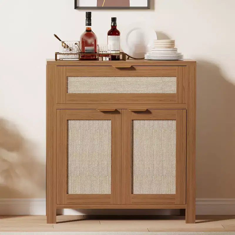 Rattan Sideboard Buffet Cabinet, Coffee Bar Cabinet with Drawer & Adjustable Shelves, TV Stand Console Table, Kitchen Pantry Cabinet