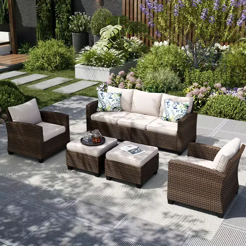 Captiva Designs 5pc Outdoor Patio Wicker Rattan Conversation Set with Cushioned Chairs for Garden Poolside Backyard