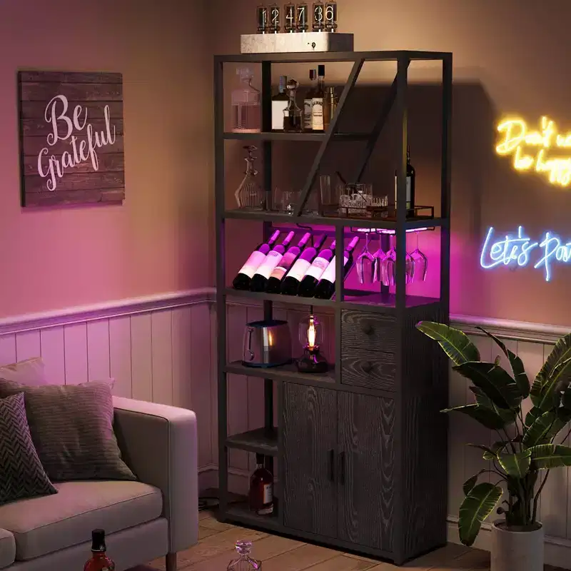 Multi-Use Bar Cabinet with Glass Holder, Tall Storage Rack and Kitchen Microwave Stand for Living Room, Dining Room or Kitchen Use